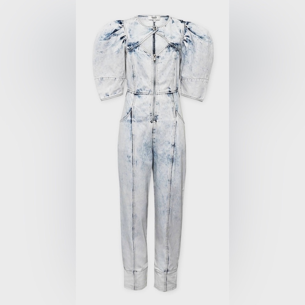 NWT SEA NEW YORK BIRDIE BLEACHED DENIM PUFF SLEEVE CUT OUT JUMPSUIT SZ 4